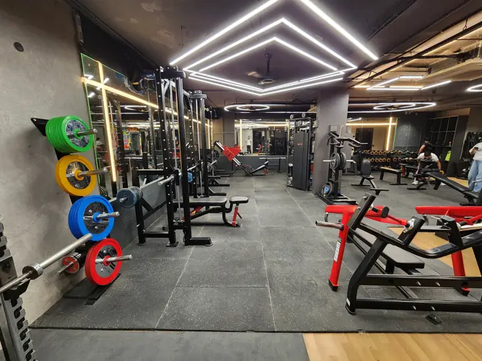 Plate-loaded machines and colour bumper plates under the light ceiling