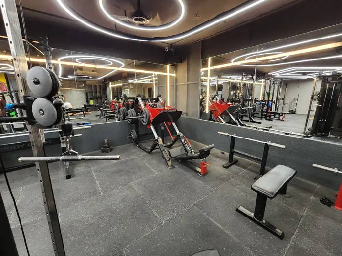 Squat stations and benches by the mirrors