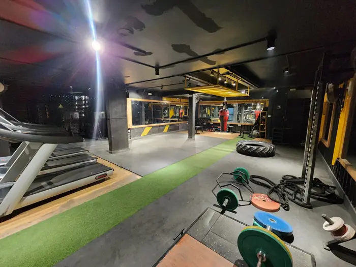 Bumper plates and rig in the functional training area