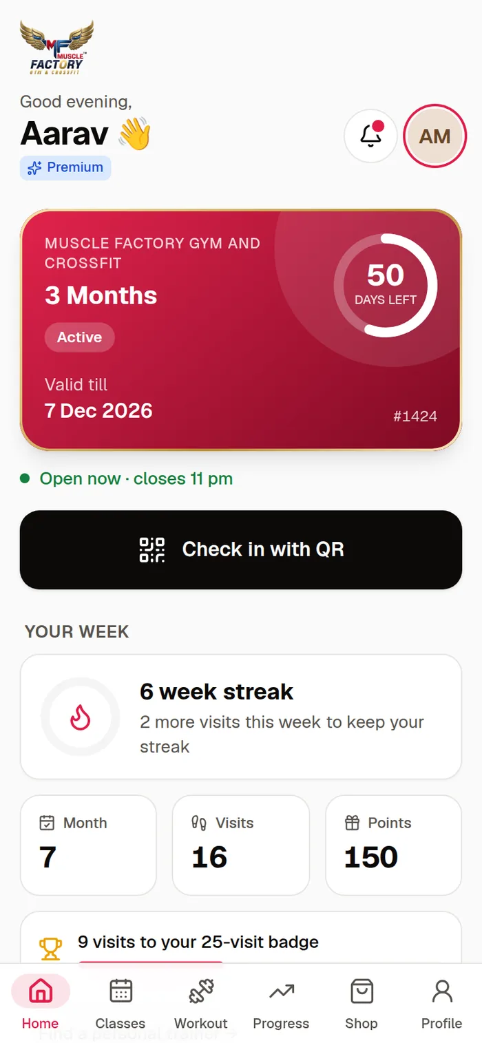 App home screen: membership card with days left and the Check in with QR button