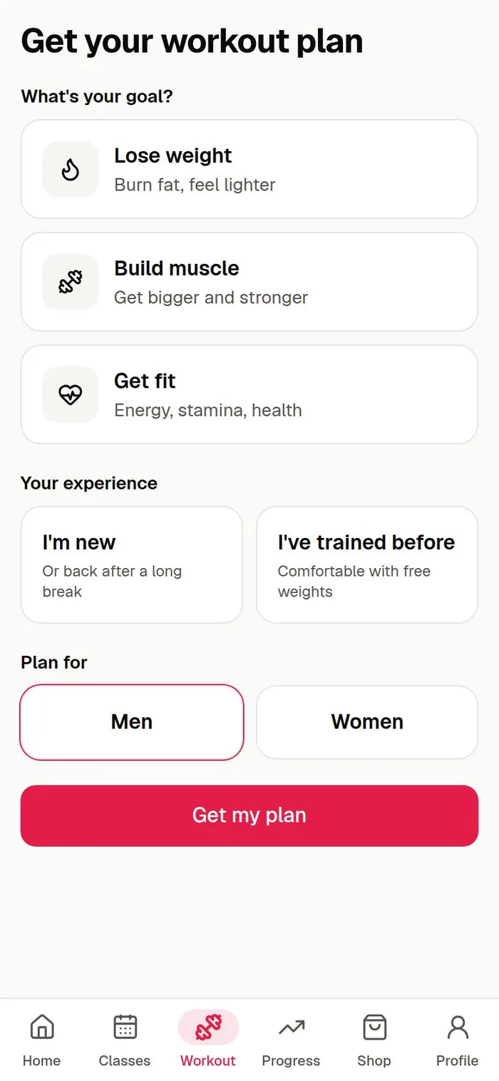 Workout plan screen: pick your goal and experience, then get your plan